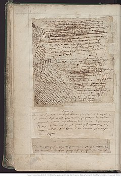 Page du Recueil des papiers originaux de Blaise Pascal (ms 9202). On y voit plusieurs notes sur la même page.