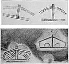 'Tectiforms'—schematic drawings in lines and dots believed to represent huts and larger shelters built of logs and covered with hides. After Breuil.