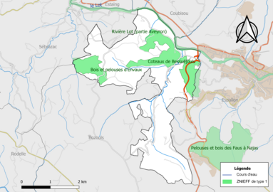 Carte des ZNIEFF de type 1 de la commune.