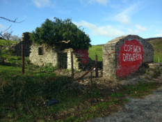 Cofiwch Dryweryn wall from the south after rebuild, October 2020, showing more of building structure after vegetation cleared