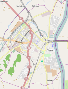 Mapa konturowa Tczewa, po prawej znajduje się punkt z opisem „Most kolejowy w Tczewie”