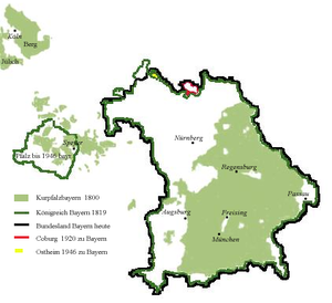 Bavario ekde 1800 ĝis hodiaŭ. Helverde: Elekto-Palatinato-Bavario. Ĉirkaŭliniita: Reĝlando Bavario (du disaj partoj). Grase ĉirkaŭliniita: Hodiaŭa Bavario (sen Palatinato).