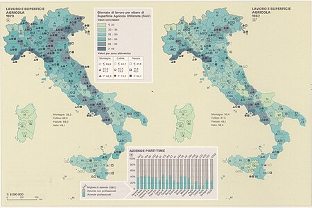 Lavoro e superficie agricola nel 1970 e 1982.[54]