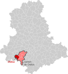 Sur la carte de la Haute-Vienne, position de la commune et de l'ex-canton de Châlus, à l'extrême sud-ouest du département