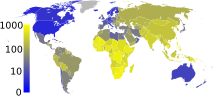 Ang mapa ng mundo sa sub-Saharan Africa sa iba’t-ibang klase ng kulay ng dilaw, pagmamarka ng paglaganap na mataas ng 300 kada 100,000 na mga tao, at kasama ang Estados Unidos, Canada, Australya, at hilagang Europa sa mga klase ng kulay asul, pagmamarka ng paglaganap na humigit-kumulang 10 kada 100,000 na mga tao. Ang Asya ay dilaw ngunit hindi lubos na maliwanag, pagmamarka ng paglaganap na humigit-kumulang na 200 kada 100,000 na hanay. Ang Timog Amerika ay isang mas madilim na dilaw.