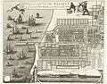 Batavia met links in het midden het Kasteel van Batavia, herkenbaar aan de vier bastions, circa 1740, 40,2 cm hoog bij 51,8 cm breed, ets op papier, collectie Rijksmuseum Amsterdam