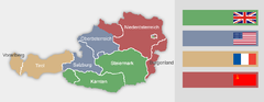 Österrike uppdelat i de fyra segrarmakternas ockupationszoner 1945–1955.