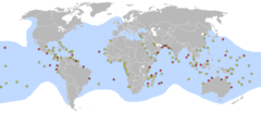 Mapa de distribuição. Os pontos vermelhos representam os locais com grande depósito de ovos. Os amarelos, para depósitos menores.