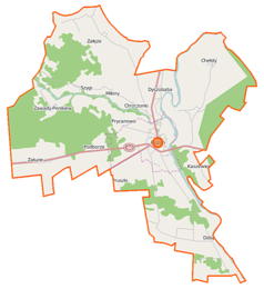 Mapa konturowa gminy Różan, w centrum znajduje się punkt z opisem „Różan”