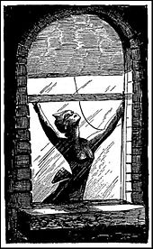 A black-and-white drawing of woman opening a window