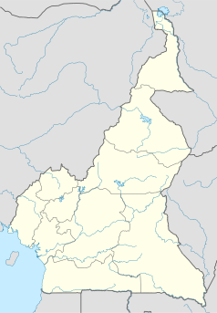 Mapa konturowa Kamerunu, na dole nieco na lewo znajduje się punkt z opisem „Katedra Matki Boskiej Różańcowej w Mbalmayo”