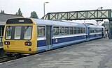 Class 142 in the original British Rail Provincial two-tone blue livery at Castleford in 1987