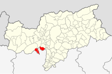Links die Lage der Talgemeinschaft Comunità della Val di Non in der Provinz Trient, daneben die Lage der Deutschnonsberger Gemeinden in der Provinz Bozen – Südtirol.