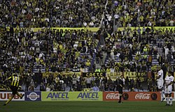 Player kicking a ball, with crowded stands in background