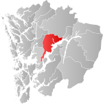 Mapa do condado de Hordaland com Kvam em destaque.