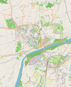 Mapa konturowa Sandomierza, na dole nieco na prawo znajduje się punkt z opisem „Sandomierz”