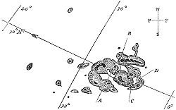 A black and white sketch of a large cluster of sunspots on the surface of the Sun.