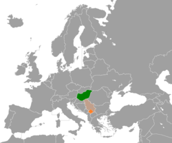 Map indicating locations of Hungary and Kosovo