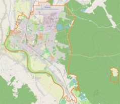 Mapa konturowa Mielca, blisko górnej krawiędzi nieco na lewo znajduje się punkt z opisem „Aeroklub Mielecki”