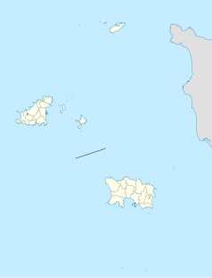 Mapa konturowa Wysp Normandzkich, po lewej znajduje się punkt z opisem „Guernsey”