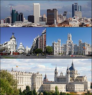 Vo om links: As Gschäftszentrum am Paseo de la Castellana, Straßna Alcalá und Gran Vía, Palacio de Cibeles, Blick auf Palacio Real und Almudena-Kathedrain.