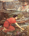 Jeune fille cueillant des fleurs le long d'un torrent (étude), par John William Waterhouse, vers 1911.