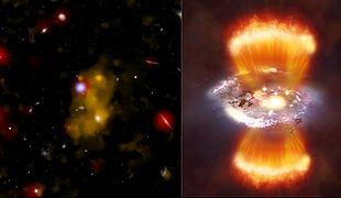 The giant Lyman-alpha blob LAB-1 (left) and an artist's impression of what it might look like if viewed from relatively close (right).