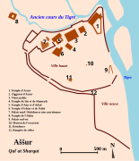 Aššur durante el período neoasirio: la Ciudad alta comprende el centro político-religioso en el norte, en la parte más alta del sitio.