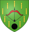 Le blason de Châlus représentant un jeu de neuf quilles en or, avec sa boule et une arbalète