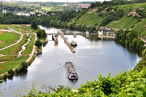 Blick auf die Staustufe Poppenweiler mit Schleuse (links) und Wasserkraftwerk (rechts)