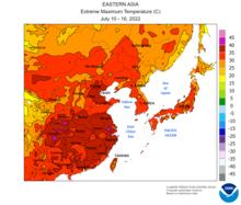 A map showing extreme temperatures in East Asia from 10 to 16 July 2022.
