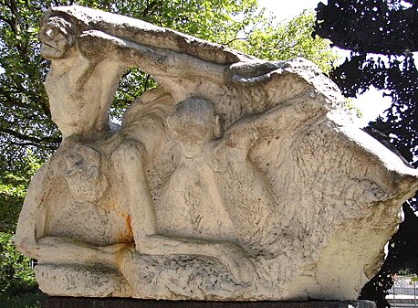 Detail of the memorial against the war (1985/86) by Alfred Hrdlicka, a counter-monument to the Memorial of the Reserve-Infanterie-Regiment Nr. 76 (1936) by Richard Kuöhl in Hamburg