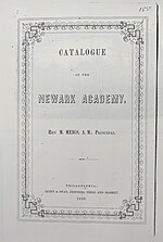 A photograph of the cover of the Newark Academy Catalogue from 1850 identifying the Rev. M. Meigs as Principal