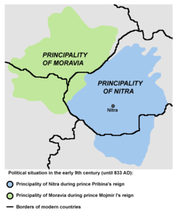 A map presenting the theory of the co-existence of two principalities (Moravia and Nitra) before the 830s