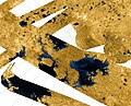 Image 22Titan's north polar hydrocarbon seas and lakes, as seen in a false-color Cassini synthetic aperture radar mosaic (from Lake)