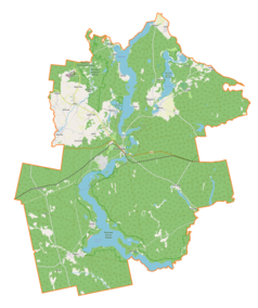 Mapa konturowa gminy Ruciane-Nida, w centrum znajduje się punkt z opisem „Ruciane”