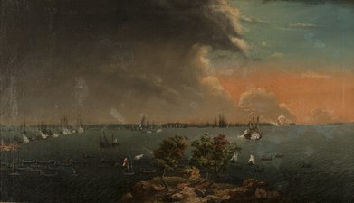 Olja av Johan Tietrich Schoultz. Text på ramen: "Battaljen vid Svänsksund d. 8 julij 1790 Hvarvid 53 stycken Kejserliga Ryska Fartyg erofrades".