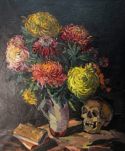 Chrysanthèmes avec crâne et deux livres (1924), Galerie Hollenstein.