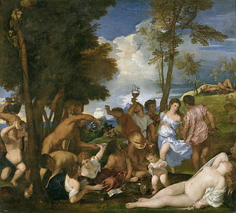 A puer mingens painted in The Bacchanal of the Andrians by Titian, 1523–1526, Museo del Prado, Madrid