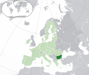 Poziția geografică a Bulgariei (verde închis) în cadrul continentului european (verde deschis/gri închis) și al Uniunii Europene (verde deschis)