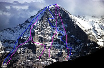 De 1932 a 1969: 1= Via Lauper 2= Via Heckmair 3= Directíssima Harlin 4= Pilar nord - Via polonesa 5= Pilar nord - Via Messner 6= Directíssima japonesa