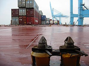 First level of twistlocks on the deck of a container ship