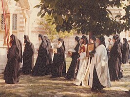 procession to behind the katholikon for the Lesser Blessing of Waters following an all-night vigil on Mount Athos at Esphigmenou Monastery on its patron feast, the Ascension