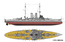 Illustration of SMS Radetzky; the ship carried two large gun turrets on either end and four smaller turrets arranged around two tall smoke stacks in the center.