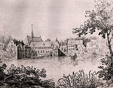 *Le prieuré de Groenendael, dont Jean Moyser est censier au XVe siècle, et, à gauche, l’édifice surmonté de pignons à redents, le pavillon de chasse de Ravenstein[29].