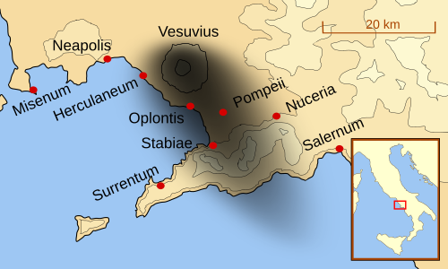 Mapa de situació de la Pompeia romana, on es veu l'àrea afectada per l'erupció del Vesuvi del 79