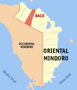 Mapa ng Oriental Mindoro na nagpapakita sa lokasyon ng Baco.
