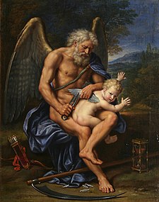 Pierre Mignard (1610-1695): Chronos – čas, přistřihující Amorovi křídla (1694)