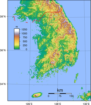 Topografisk kart over Sør-Korea.