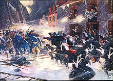 Snow-covered street fighting of British and Tory Provincials repulsing an American assault